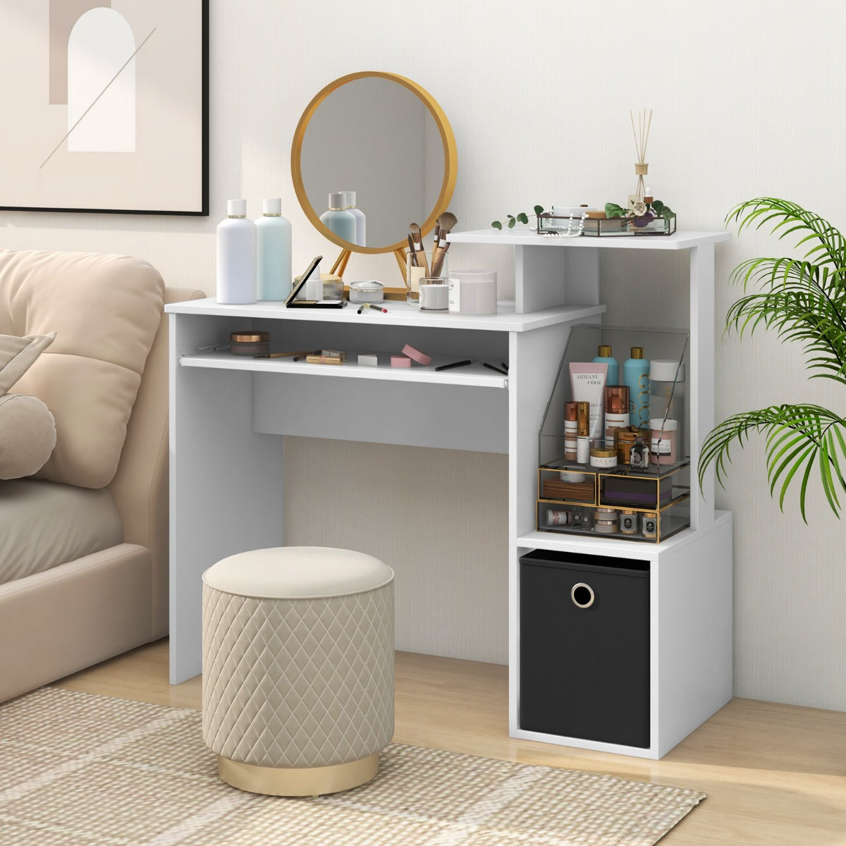 Space-saving Computer Desk with Open Shelf and Fabric Storage Drawer-Rustic Brown
