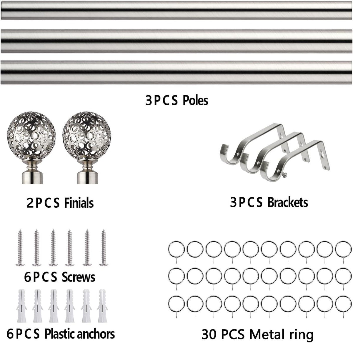 Extendable Curtain Pole 120-300cm Satin Silver with Globe Ball Finials