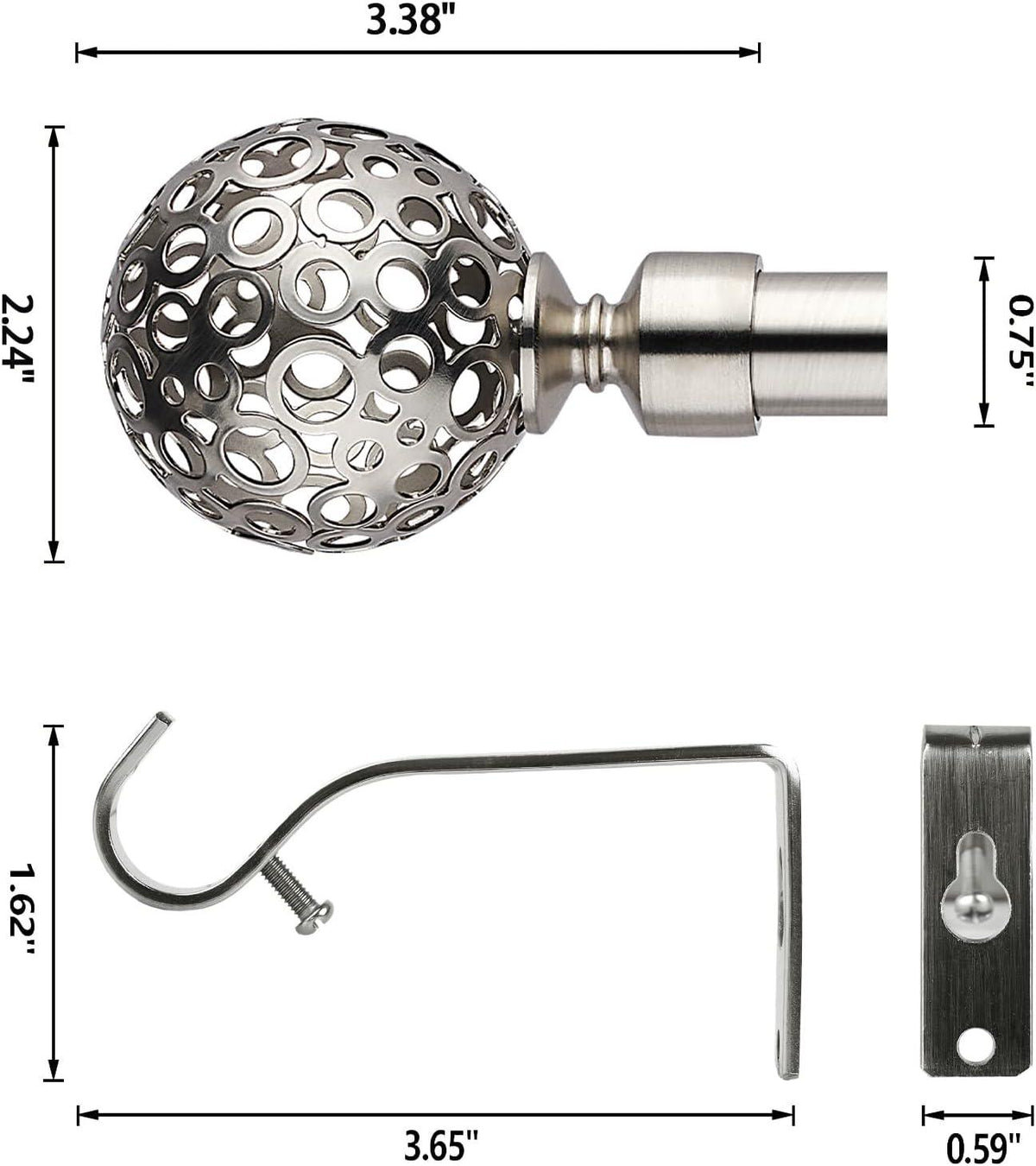 Extendable Curtain Pole 120-300cm Satin Silver with Globe Ball Finials