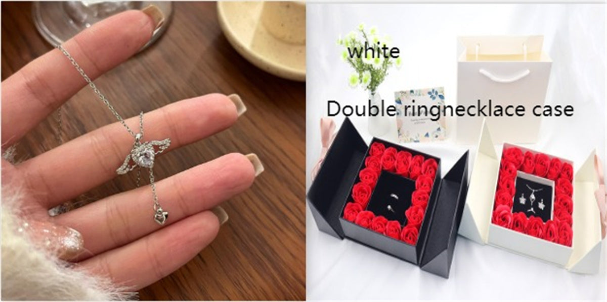 Rose Box Double Door Jewelry Box Valentine's Day Bow Gift Box Necklace Locket