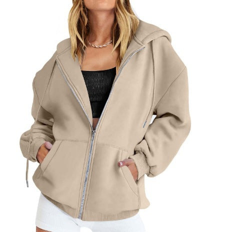 Women's Fashion Casual Solid Color Drawstring Zipper Hooded Sweatshirt
