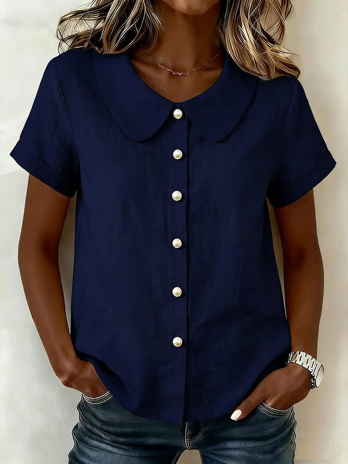 Womens Solid-Colored Short-Sleeve Casual Loose  Shirt