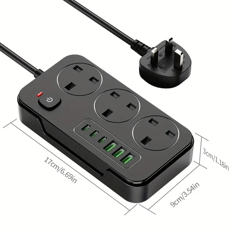 Multi-Port Power Board 2025 | 3 Outlets, 3 USB-A & 3 Type-C Fast Charging, 2m Cable, Overload Protection – Ideal for Home & Office