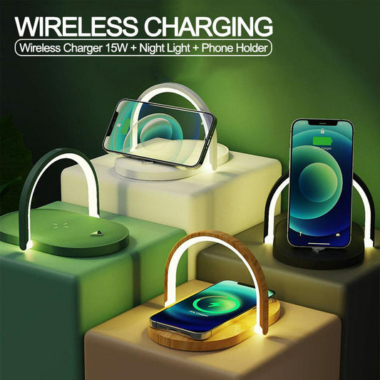 3-in-1 Wireless Charging Station with LED Night Light | 15W Fast Charger Desk Lamp