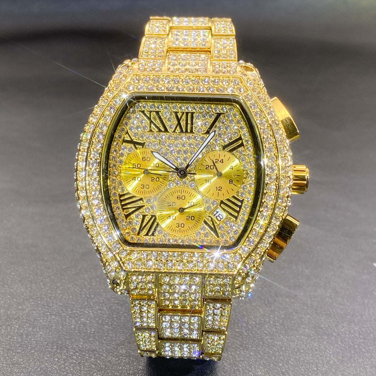 Hip Hop Men's Full Diamond Multi-function Chronograph Luminous Tonneau Quartz Watch