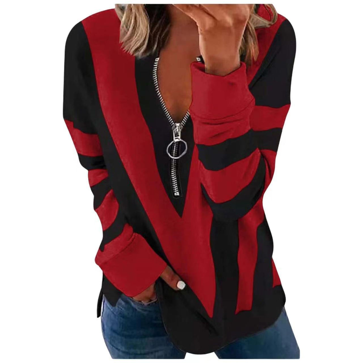 V-neck Zipper Personalized Printing Long-sleeved Sweatshirt