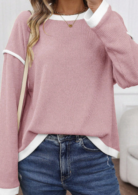 Four Leaf Clover Contrast Color Trim Knit Drop Shoulder Loose Top