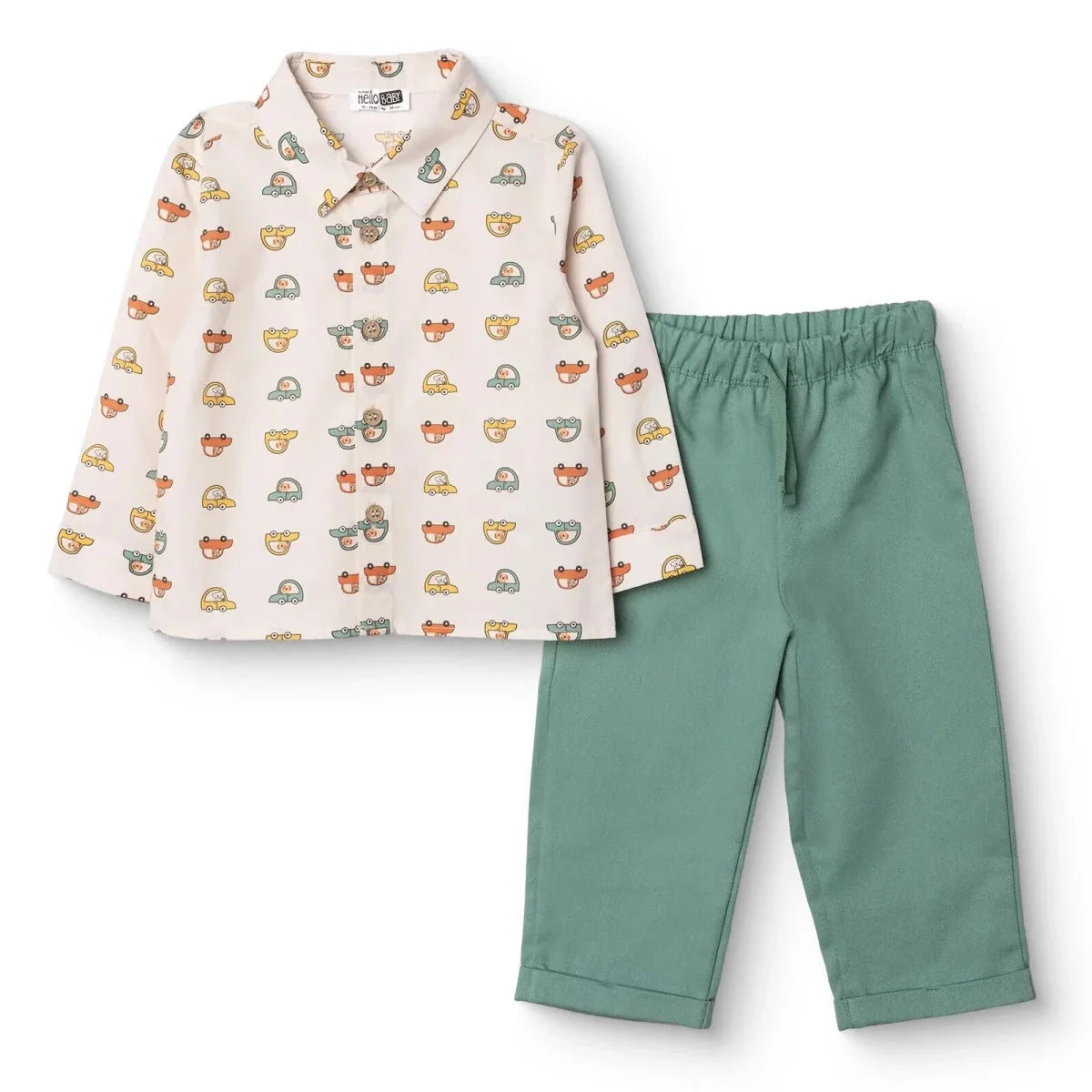 HelloBaby Long Sleeve Poplin Baby Shirt & Trousers Set (6-9 Months to 3-4 Years) - Ecru Printed