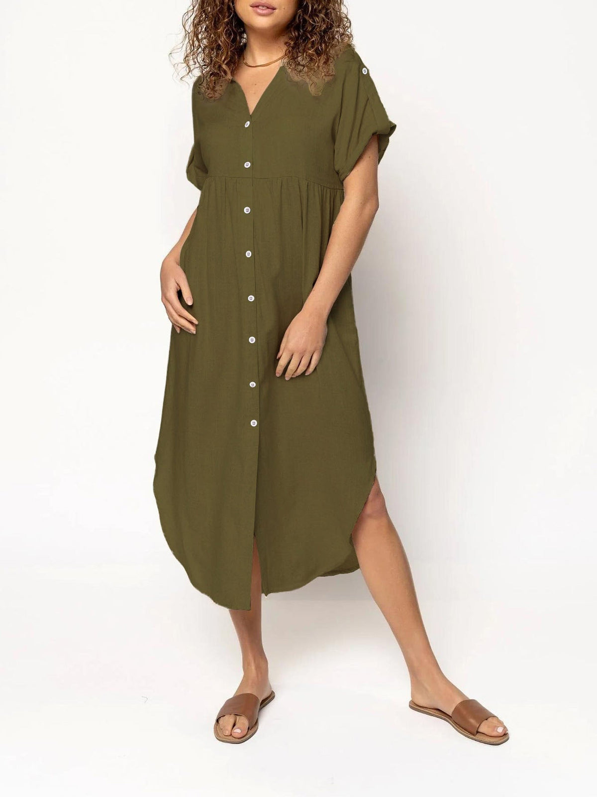 Loose Temperament Casual Solid Color Buttons Mid-length Dress