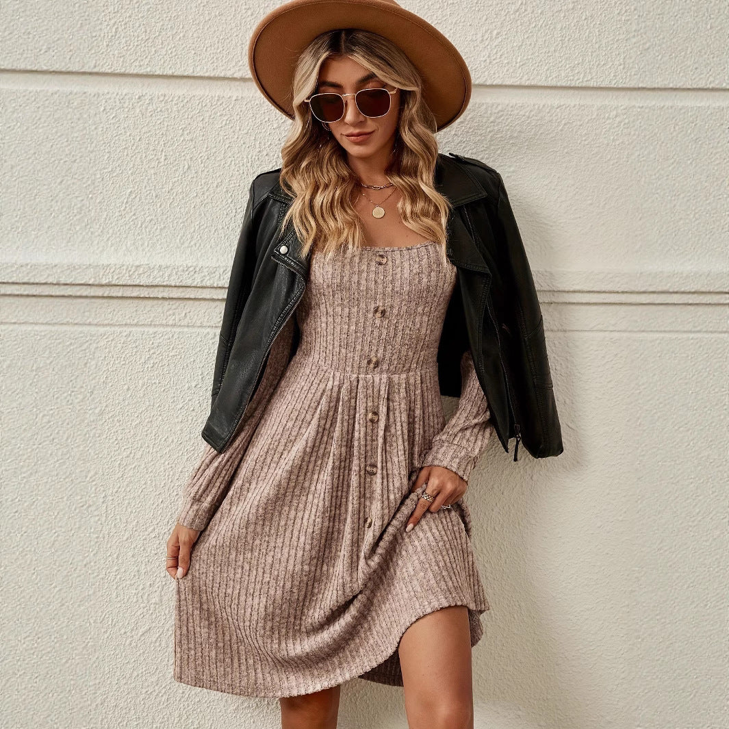 Women's Casual Fashion Loose Solid-Color Ribbed Long-Sleeve Dress