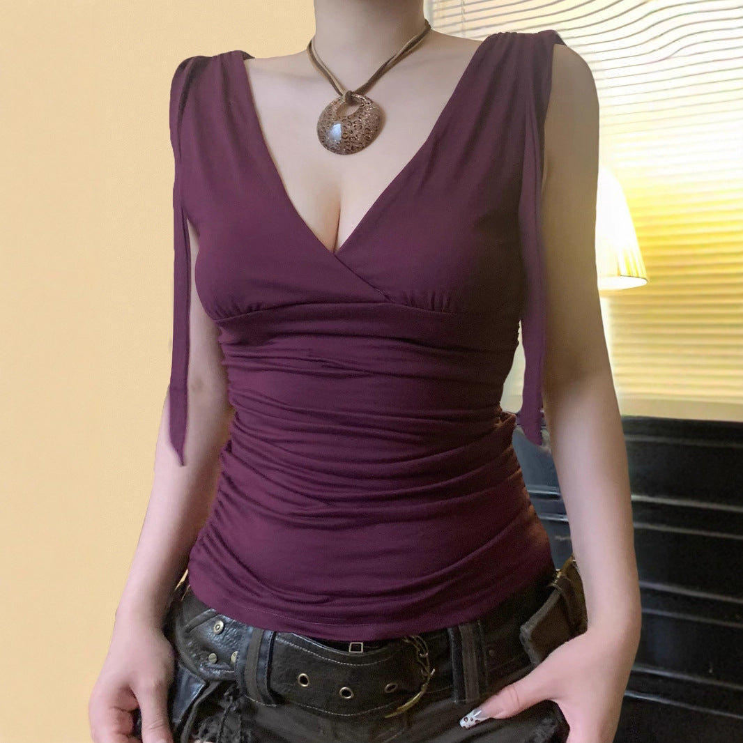 Deep V-neck Strap Pleated Bust Vest Spicy Girl-style Vintage Versatile Figure-hugging Top