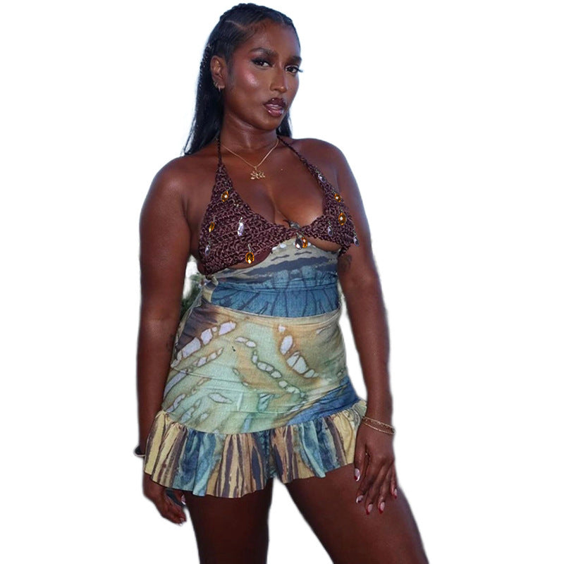 Summer New Sexy Backless Print Suit Women