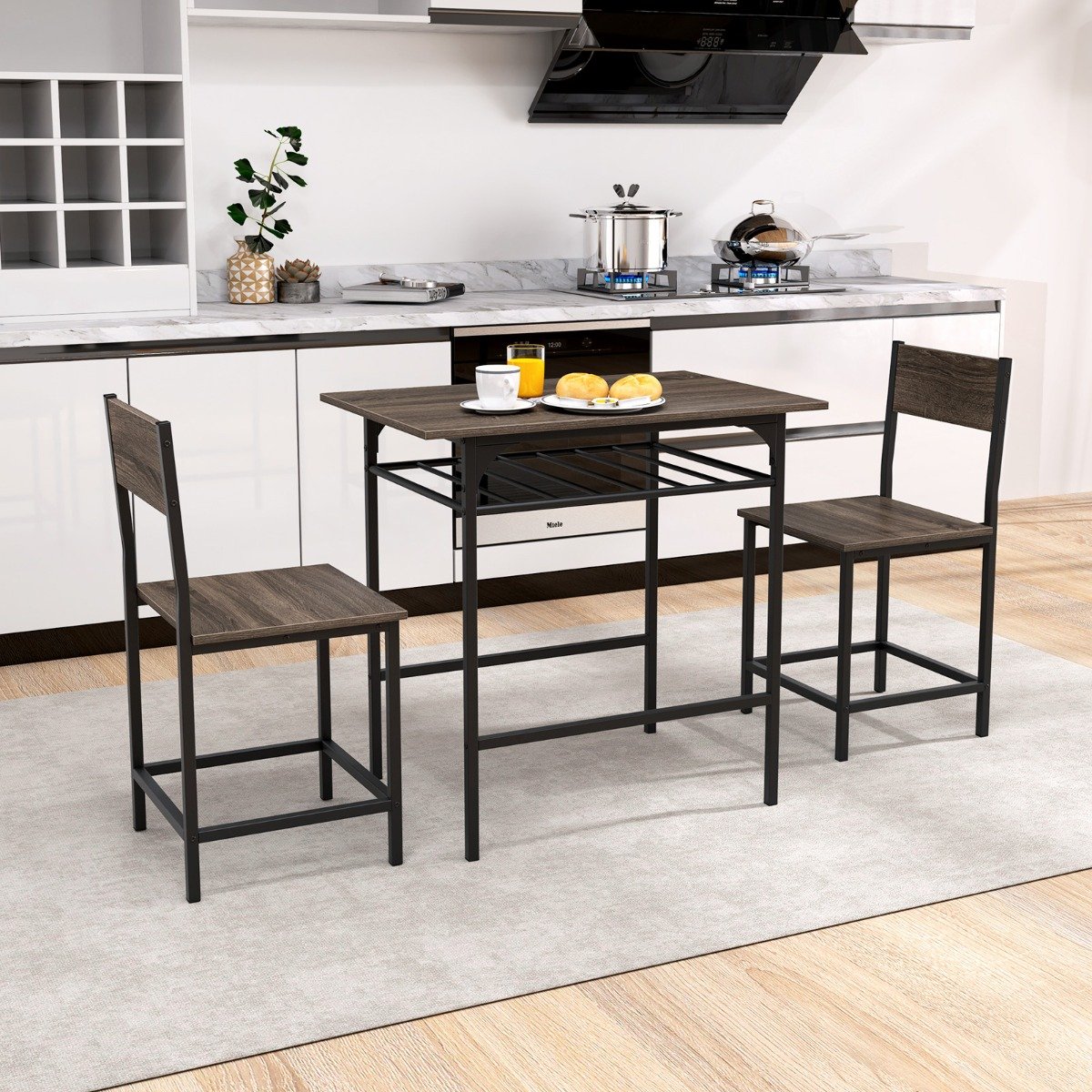 Dining Table Set for 2 with Metal Frame and Storage Rack-Rustic Brown