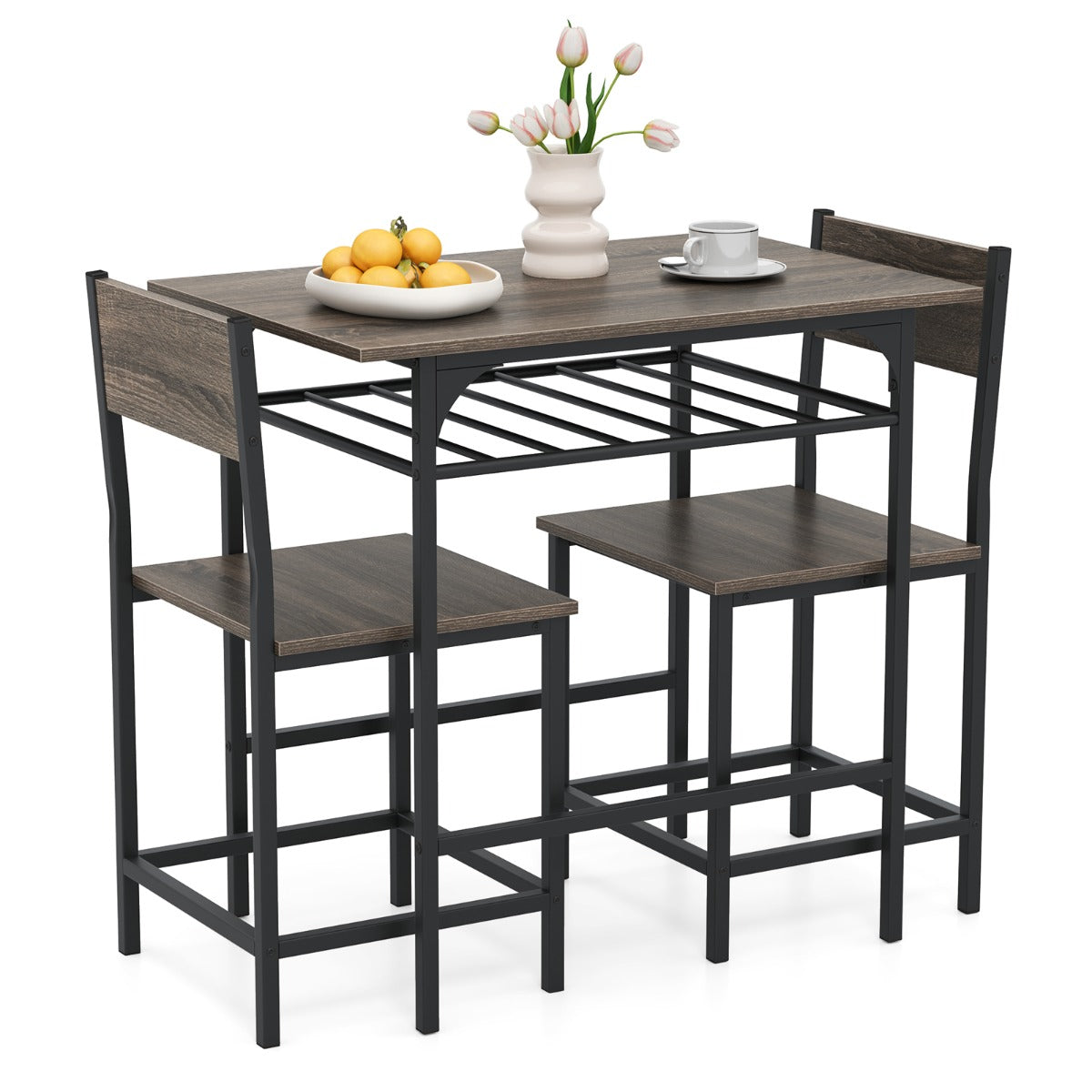 Dining Table Set for 2 with Metal Frame and Storage Rack-Rustic Brown