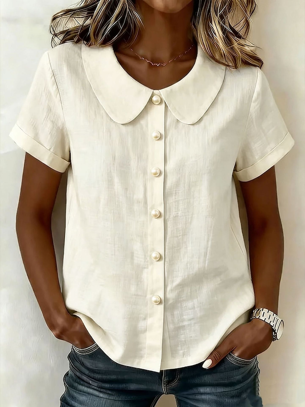 Womens Solid-Colored Short-Sleeve Casual Loose  Shirt