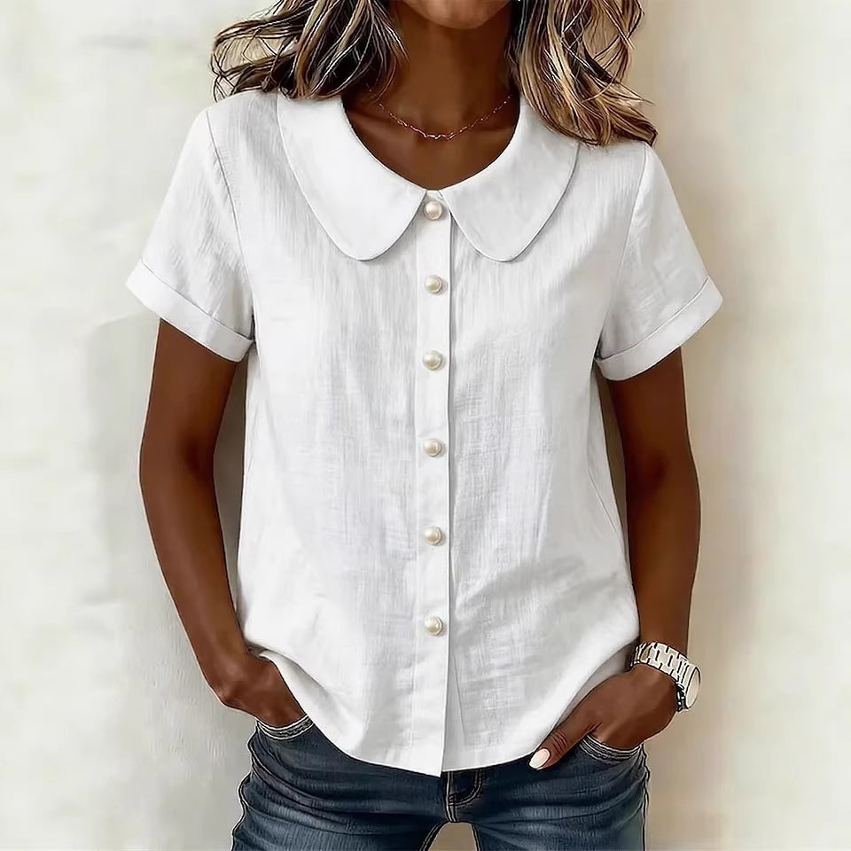 Womens Solid-Colored Short-Sleeve Casual Loose  Shirt