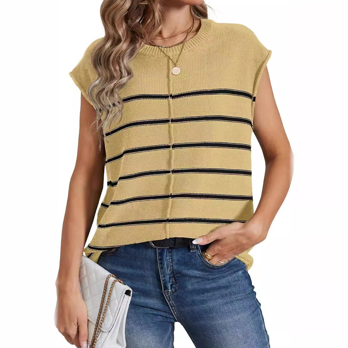 Vest Sleeveless Pullover Striped Seam Bone Stitching Casual Women's Top