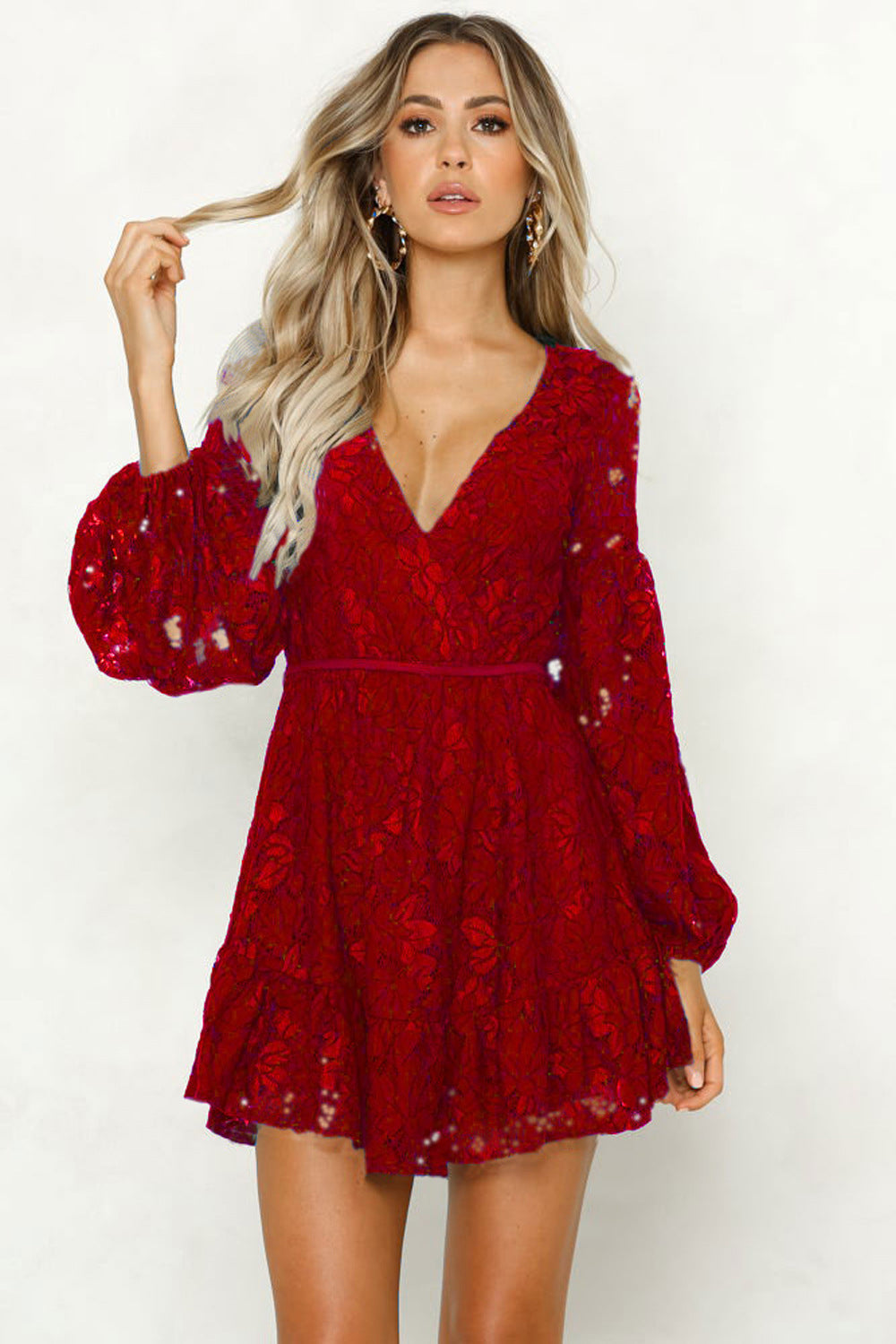 Backless V-neck Lantern Sleeve Lace Dress
