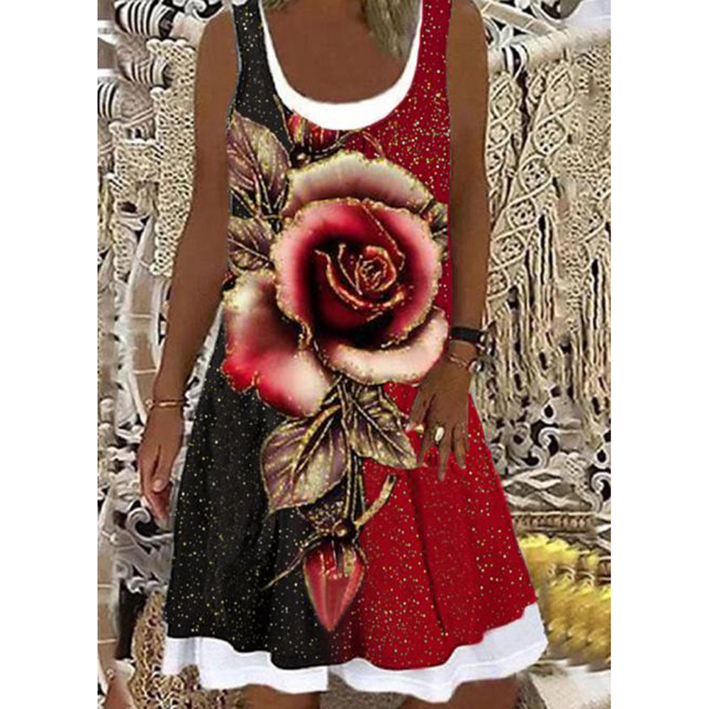 Women's Printed Patchwork Round Neck Sleeveless Pleating Dress
