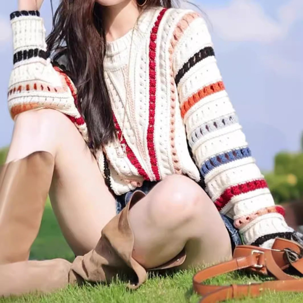 Retro Chic Rainbow Striped Hollow Sweater Round Neck Sweater