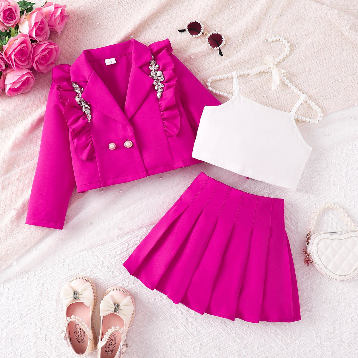Strappy Tank Top Pleated Skirt Three-piece Set