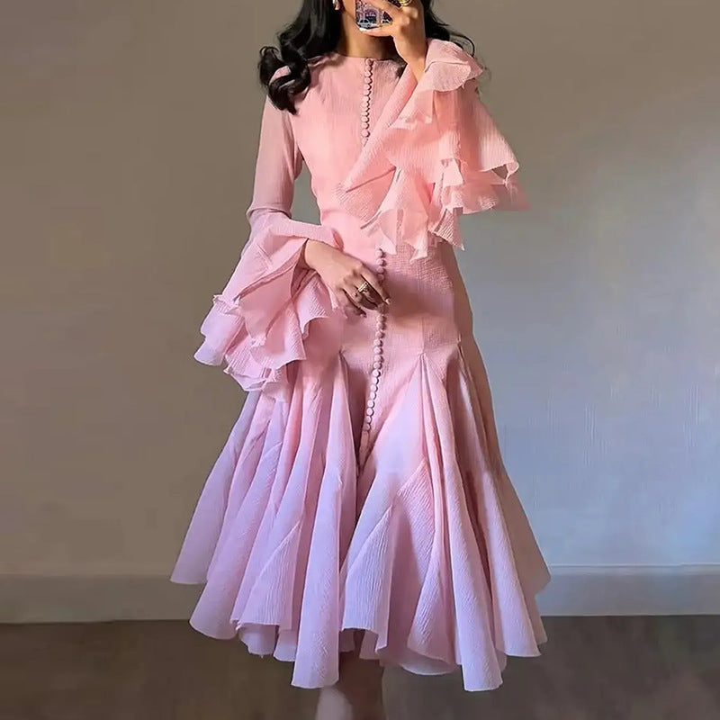 New Fashion High Collar Long Sleeve High Sense Cinched Mid-length Dress