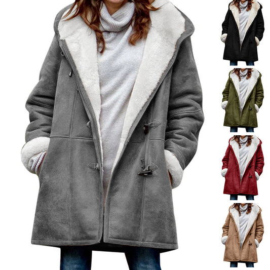 Winter Vintage Button Jackets Women's Warm Fleece Hooded Coat Casual Mid-Length Trench Top Outwear Clothing
