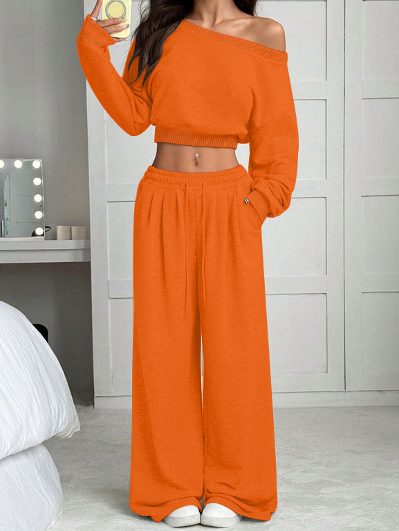 Women's Fashion Slim-fit Off-the-shoulder Navel Solid Color Casual Pants Suit