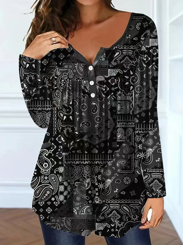 Loose-fit Buttoned V-neck Top Women's T-shirt