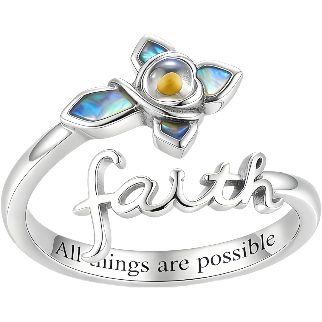 925 Sterling Silver Faith Cross Ring - Adjustable Mustard Seed and Abalone Shell Ring