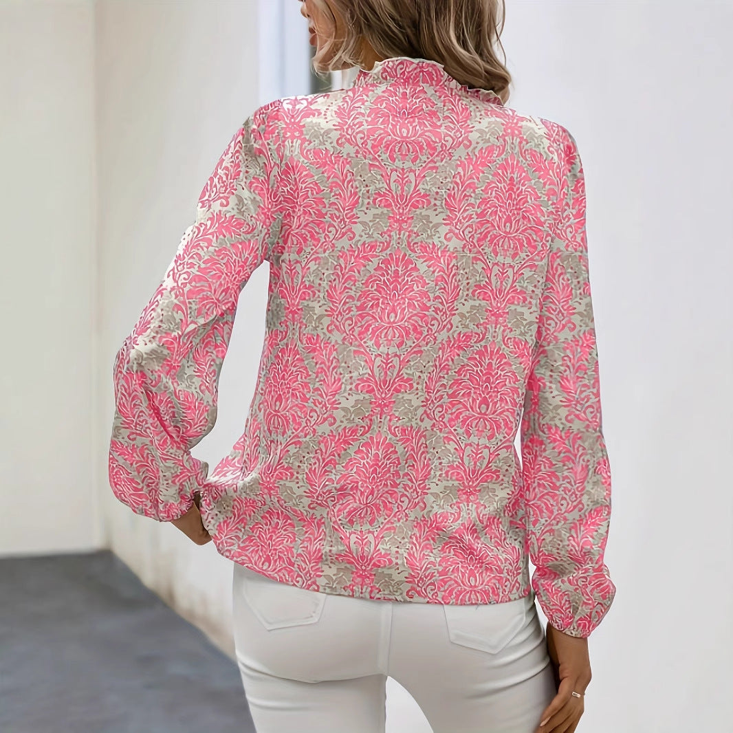 Full Print Lantern Sleeve Ruffled Trim Shirt