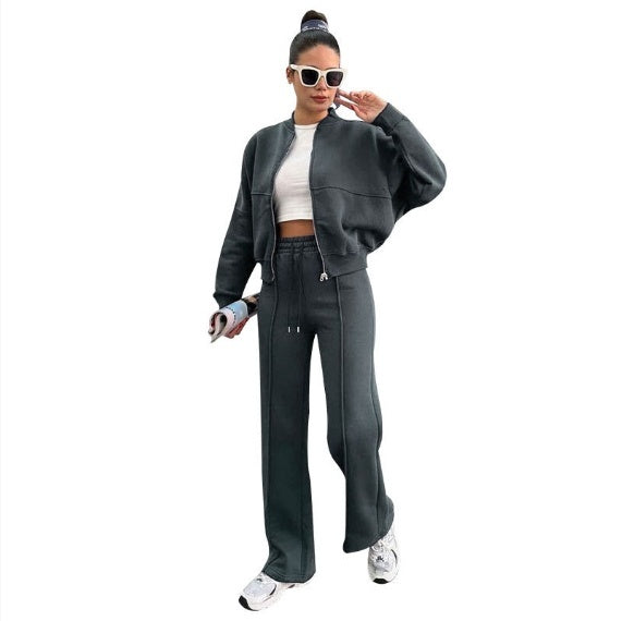 Women's Sports Suits Zipper Jacket And Wide Leg Pants Two-piece Set