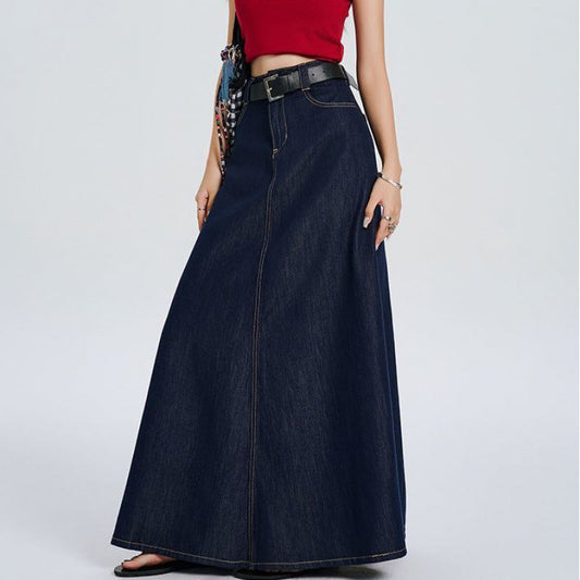 Women's Solid Color Loose Fit Blue Vintage Denim Skirt