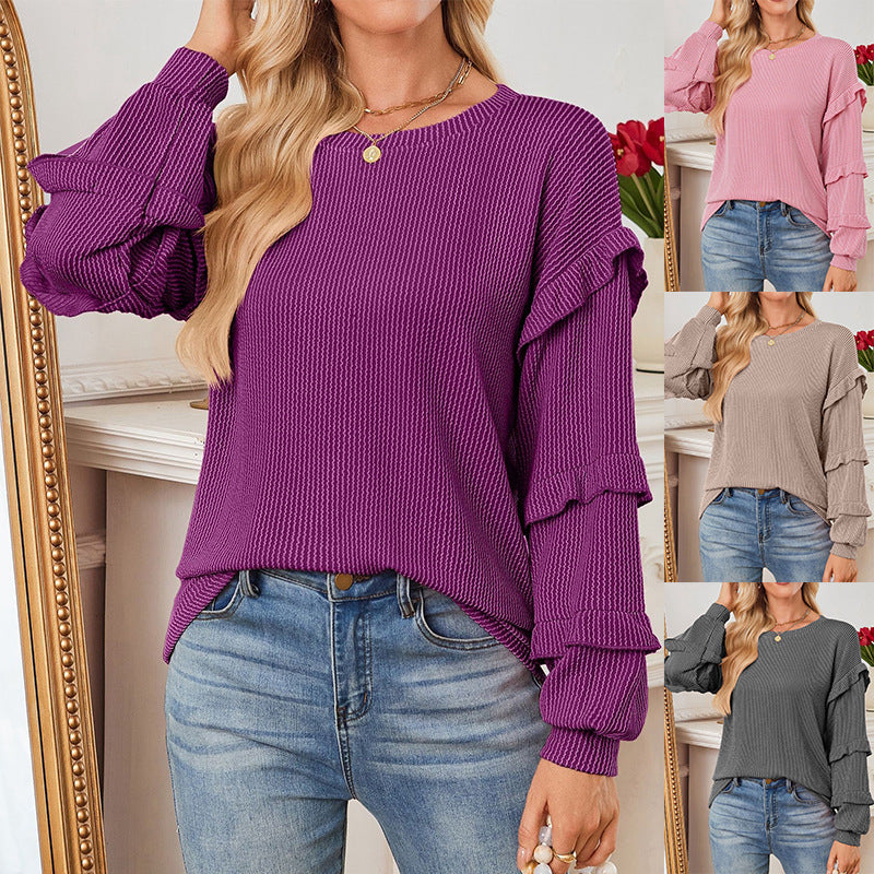 Casual Loose-fit Crew Neck T-shirt With Lantern Sleeves And Ruffled Hem