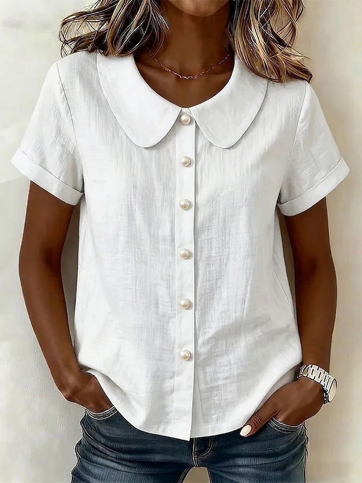 Womens Solid-Colored Short-Sleeve Casual Loose  Shirt