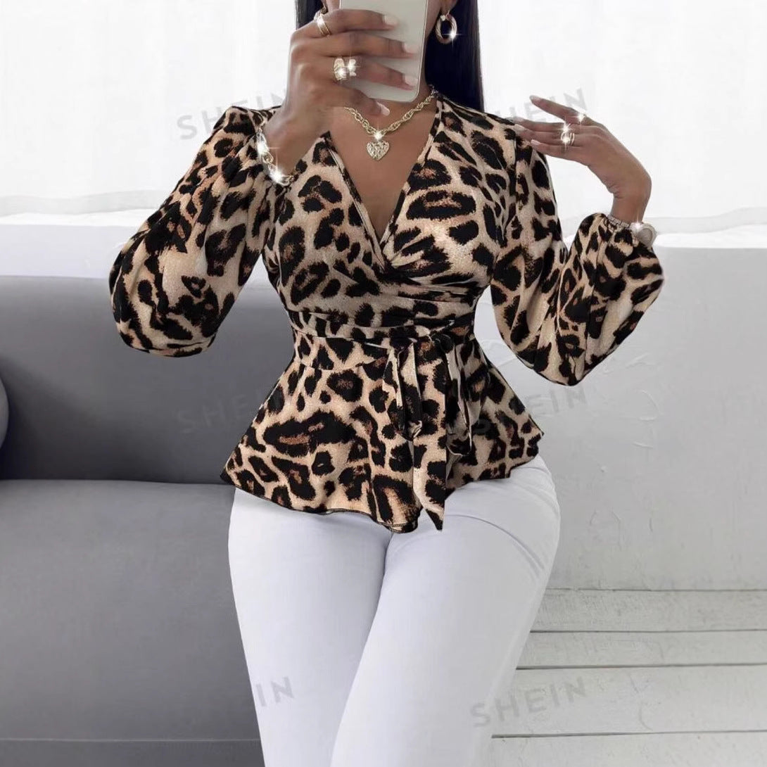 Europe And America Cross Border Shirt Leopard Print V-neck Top