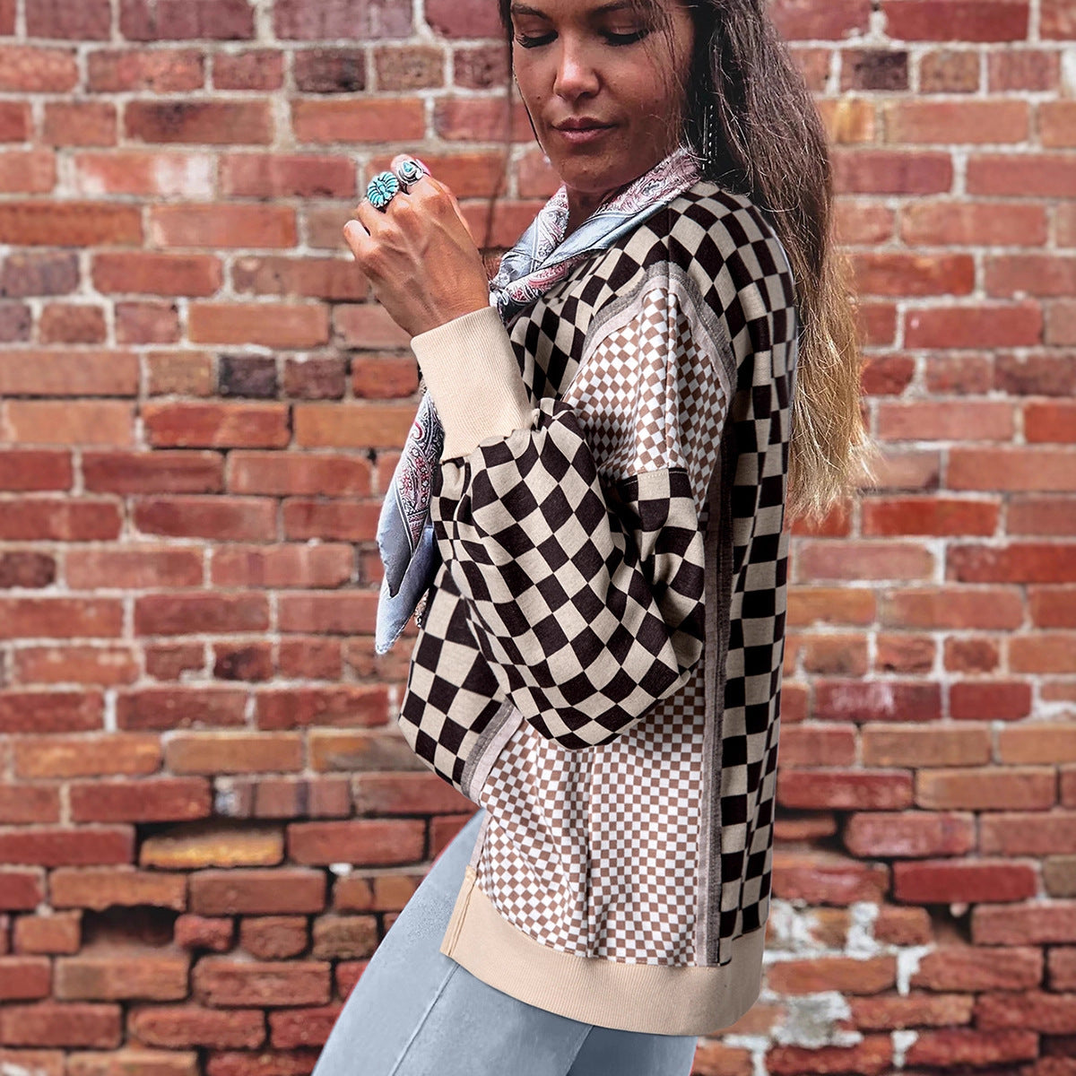 Women's Simple And Versatile Round-Neck Plaid Patchwork Pullover