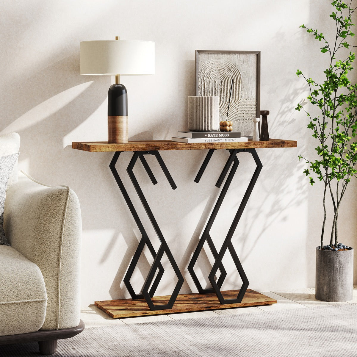 Faux Marble Console Table with Adjustable Foot Pads-Rustic Brown
