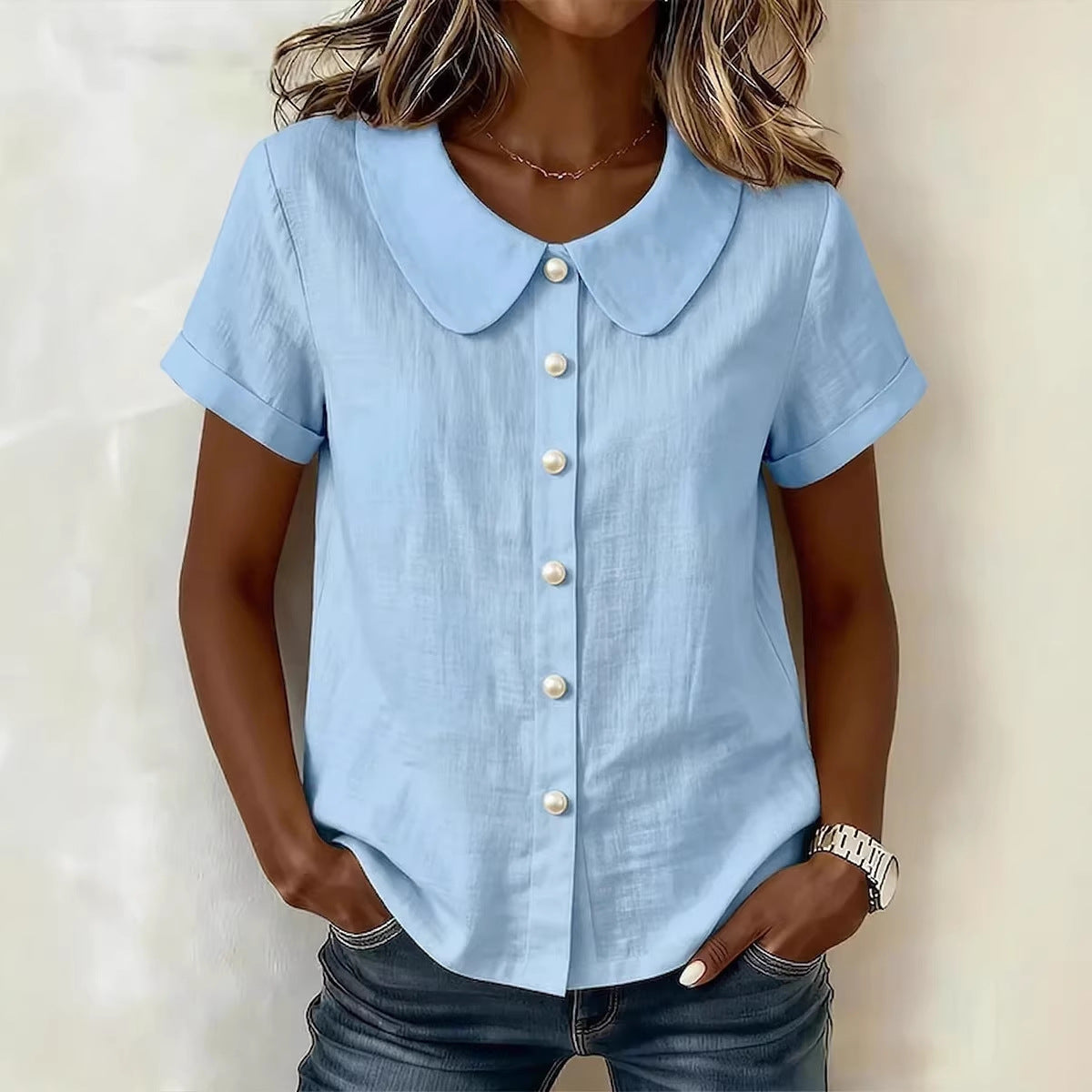Womens Solid-Colored Short-Sleeve Casual Loose  Shirt