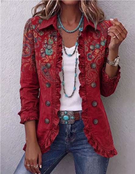 Ruffled Jacket Solid Color Pleated Lapel Blazer Women's Fashion Casual Printed Suit Jacket Office Wear Clothing