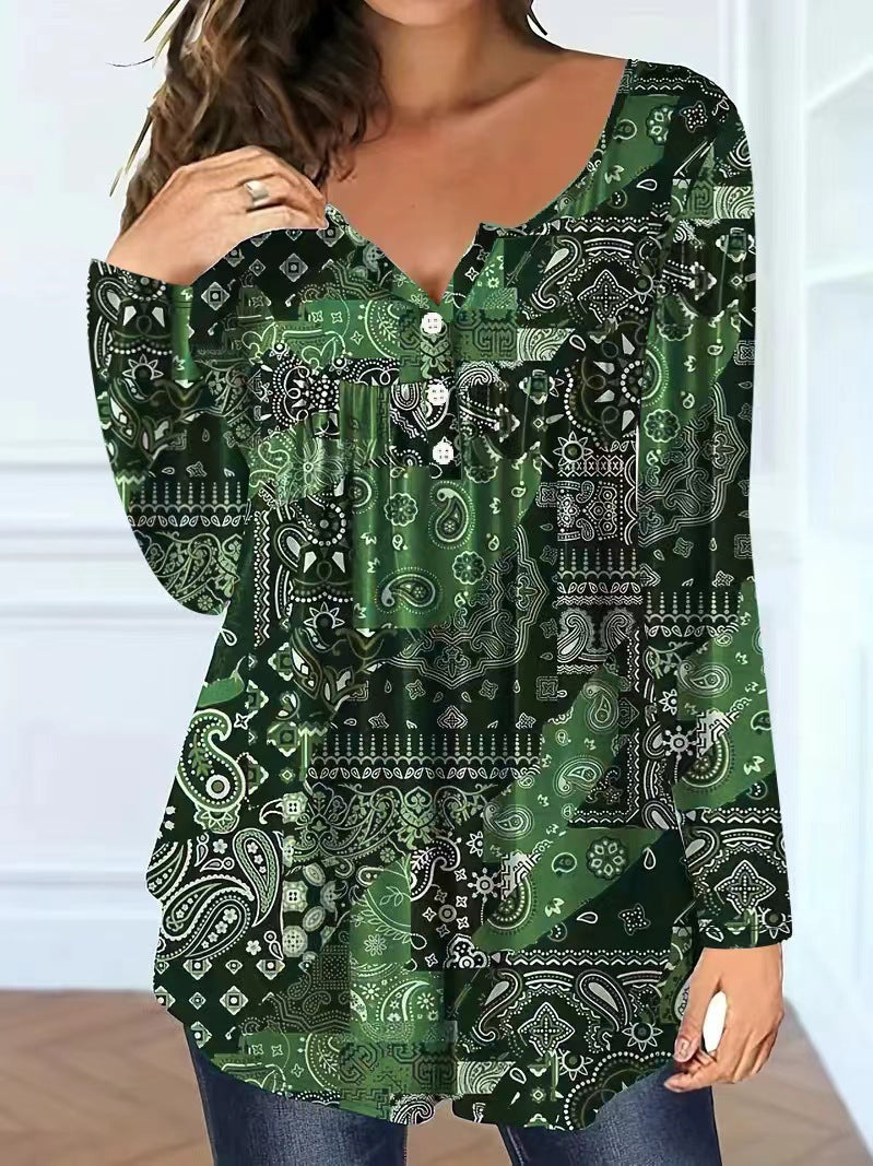 Loose-fit Buttoned V-neck Top Women's T-shirt
