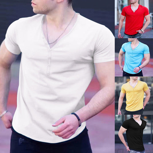 New Men's V-Neck Round Hem Casual Short Sleeve T-Shirt