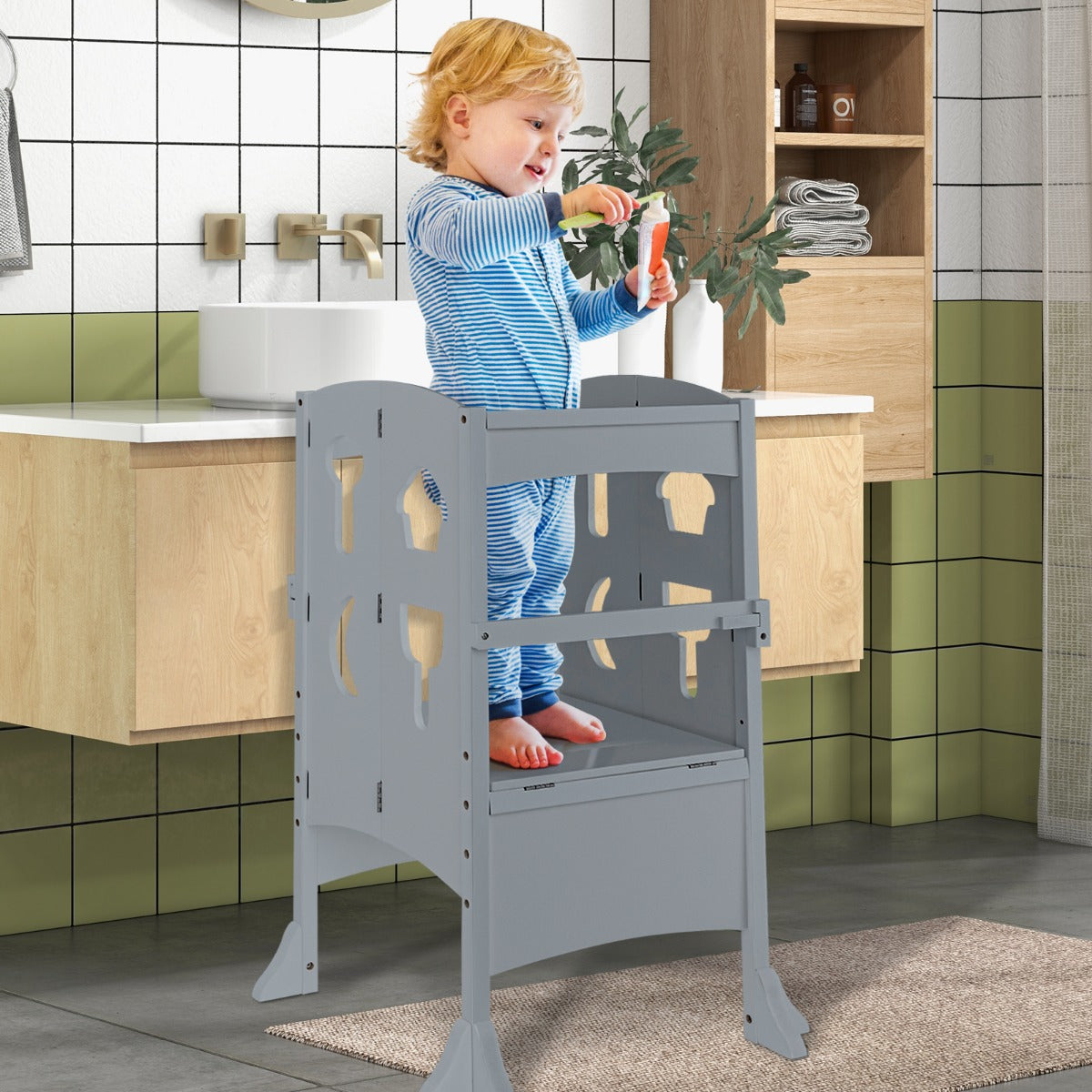 Folding Height Adjustable Kids Step Stool with Safety Latches-Brown