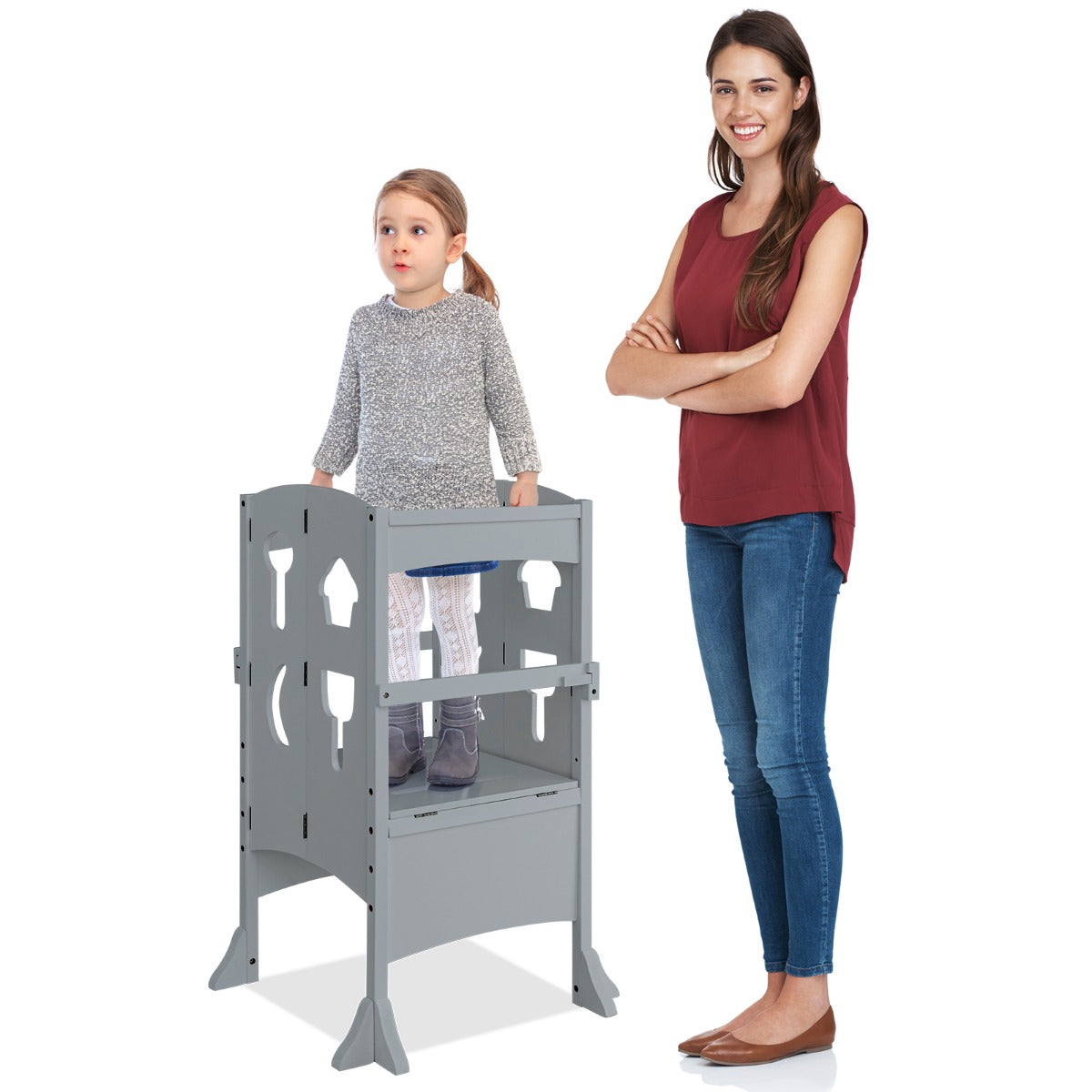 Folding Height Adjustable Kids Step Stool with Safety Latches-Brown
