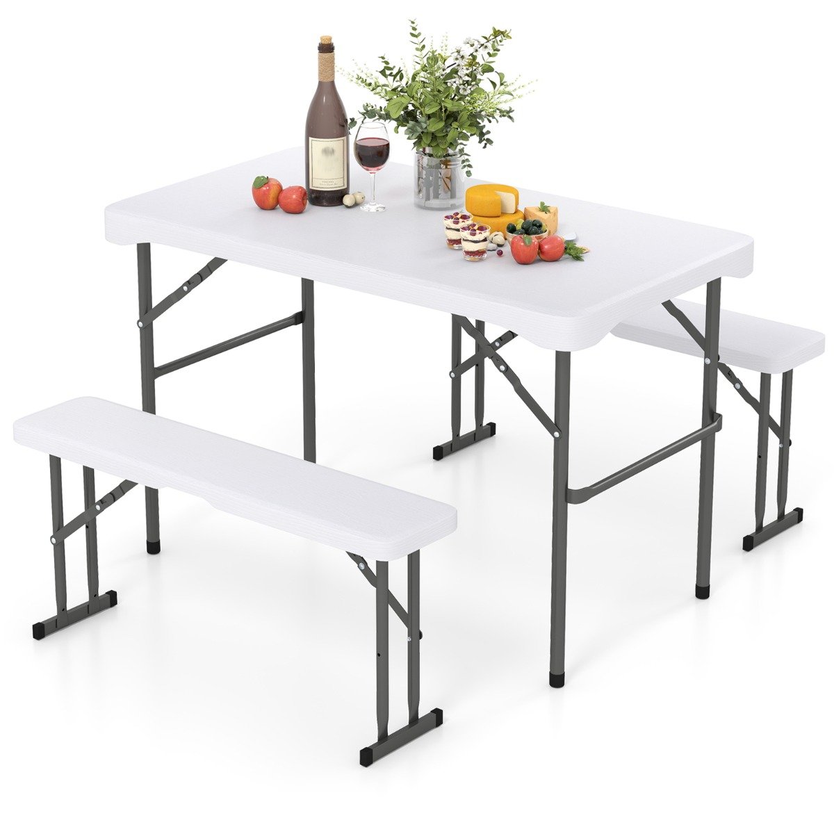 Folding Picnic Table Bench Set with Wood Grain HDPE Tabletop-White