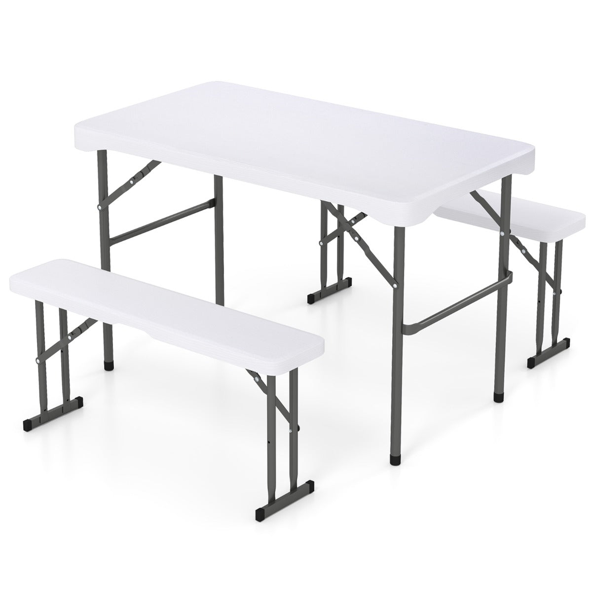 Folding Picnic Table Bench Set with Wood Grain HDPE Tabletop-White