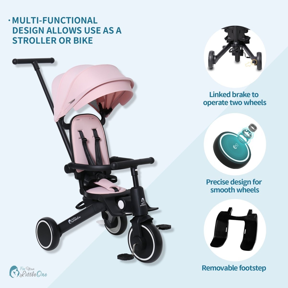Foryourlittleone Xplor Plus 6 in 1 Foldable Trike - Pastel Pink (10m-4y)