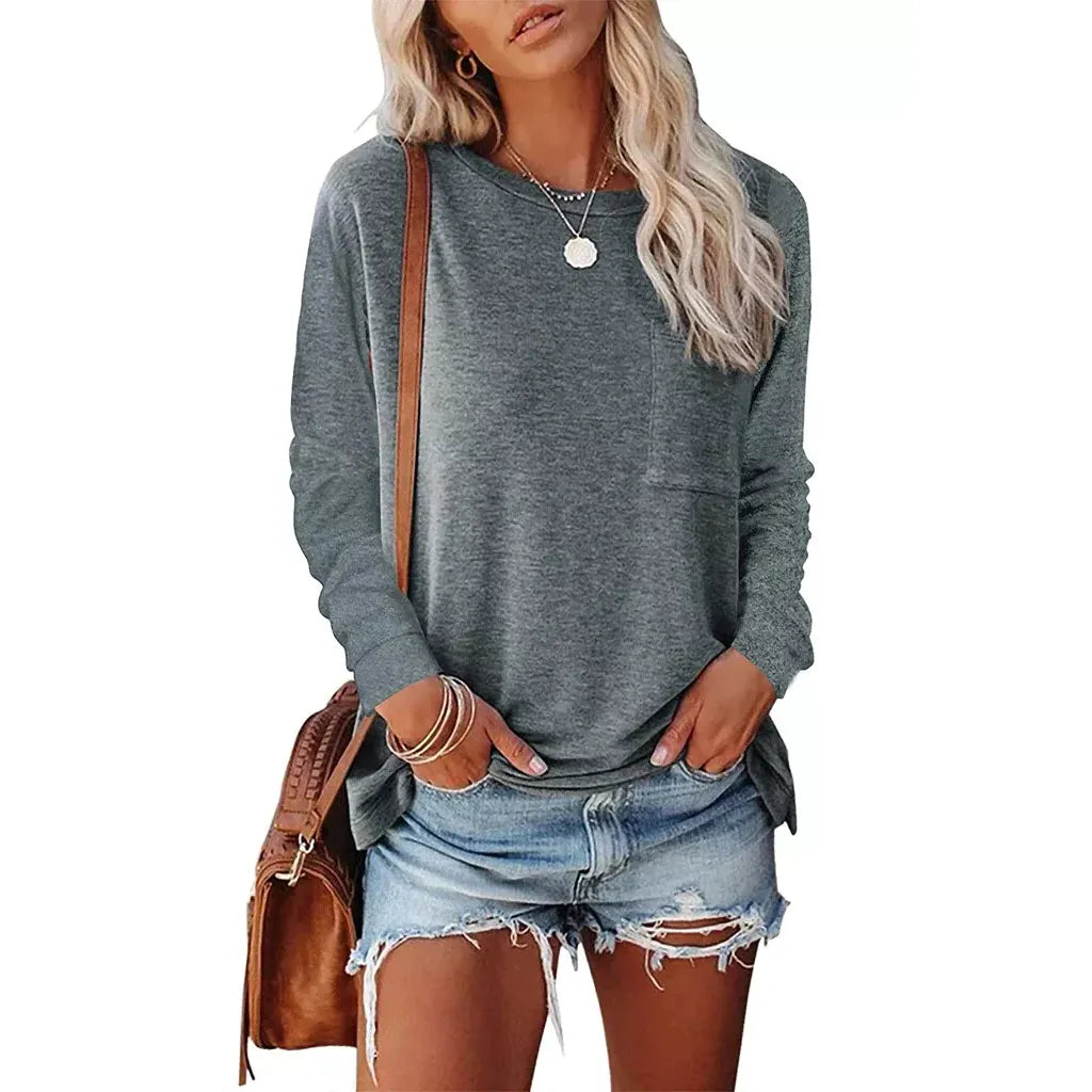 Womens Long Sleeve Shirts Crew Neck Solid Casual Basic Tops Cotton 65%
