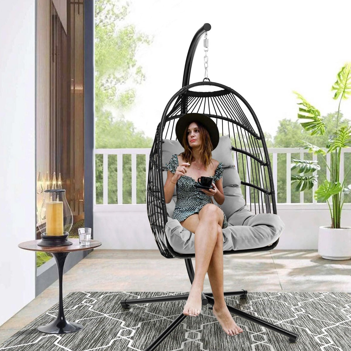 Hanging Swing Egg Chair with Stand Cozy Head Pillow  Cushion-Grey