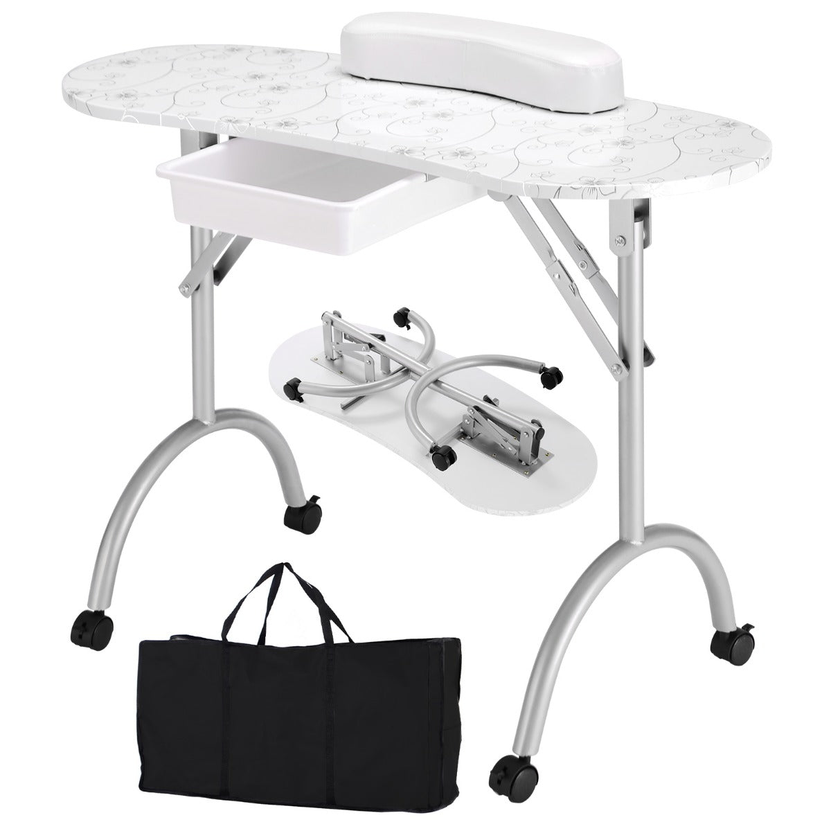 Portable Nail Table Station Manicure Tech Desk Nails Art Table 4 Rolling Wheels-Black